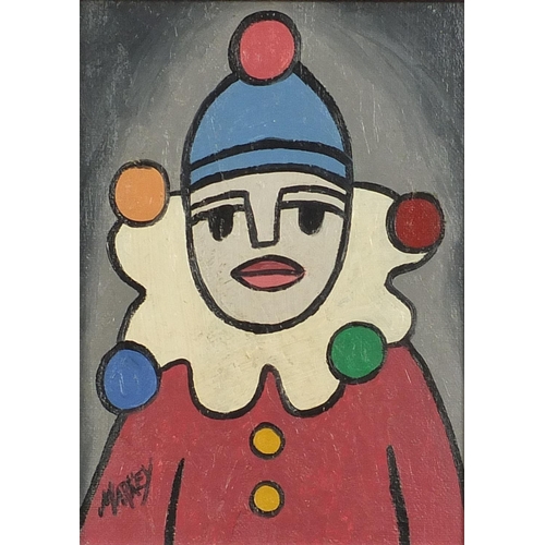 90 - Manner of Markey Robinson - Portrait of a clown, Irish school oil on canvas board, mounted and frame... 