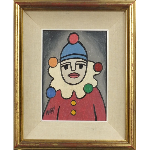 90 - Manner of Markey Robinson - Portrait of a clown, Irish school oil on canvas board, mounted and frame... 