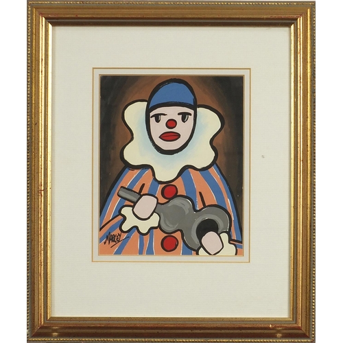 297 - Manner of Markey Robinson - Portrait of a clown, Irish school gouache, mounted, framed and glazed, 1... 