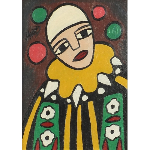 88 - Manner of Markey Robinson - Portrait of a clown, Irish school oil on board, mounted and framed, 19cm... 