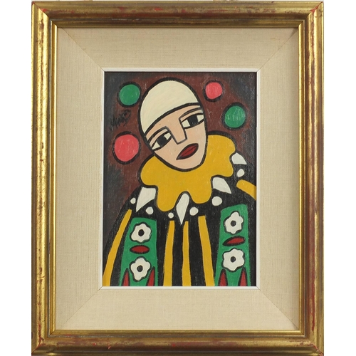 88 - Manner of Markey Robinson - Portrait of a clown, Irish school oil on board, mounted and framed, 19cm... 