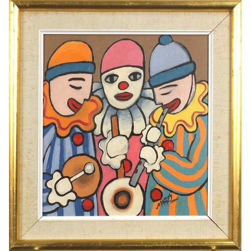 92 - Manner of Markey Robinson - Portrait of three clown musicians, Irish school oil on board, mounted an... 