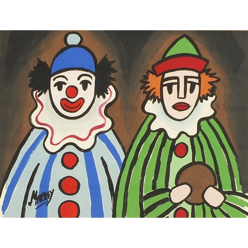 337 - Manner of Markey Robinson - portrait of two clowns, Irish school gouache, mounted, framed and glazed... 