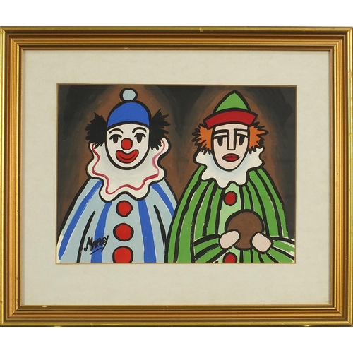 337 - Manner of Markey Robinson - portrait of two clowns, Irish school gouache, mounted, framed and glazed... 