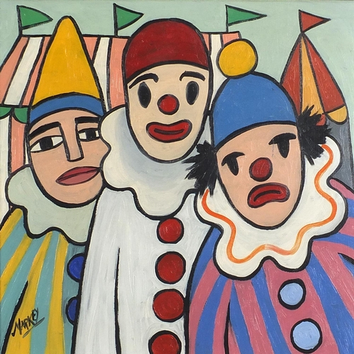 669 - Manner of Markey Robinson - Portrait of three clowns, Irish school oil on Masonite, mounted and fram... 