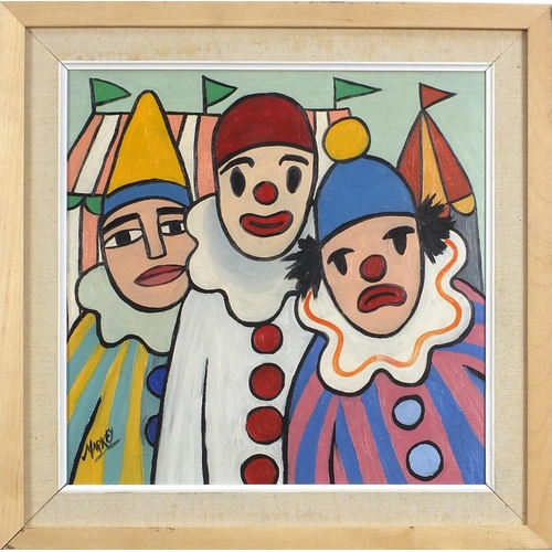 669 - Manner of Markey Robinson - Portrait of three clowns, Irish school oil on Masonite, mounted and fram... 