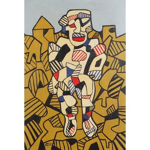 671 - After Jean Dubuffet - Abstract composition geometric surreal figure, oil on Masonite, framed, 42cm x... 