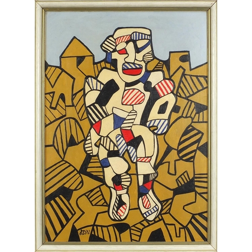 671 - After Jean Dubuffet - Abstract composition geometric surreal figure, oil on Masonite, framed, 42cm x... 