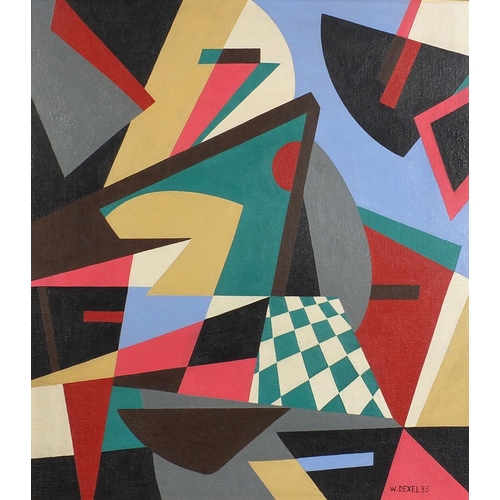 642 - Manner of Walter Dexel - Abstract composition, geometric shapes, oil on Masonite, framed, 50cm x 44c... 