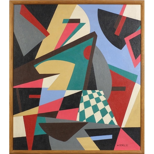 642 - Manner of Walter Dexel - Abstract composition, geometric shapes, oil on Masonite, framed, 50cm x 44c... 