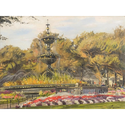 674 - John Deller - Fountain in the Steine Gardens Brighton in the 1960's, oil on board, framed, 40cm x 30... 