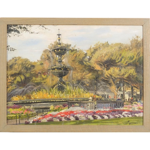 674 - John Deller - Fountain in the Steine Gardens Brighton in the 1960's, oil on board, framed, 40cm x 30... 