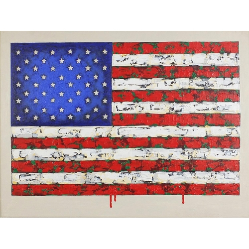 68 - Manner of Jasper Johns - American flag, Old Glory, acrylic and wax on canvas, mounted and framed, 61... 