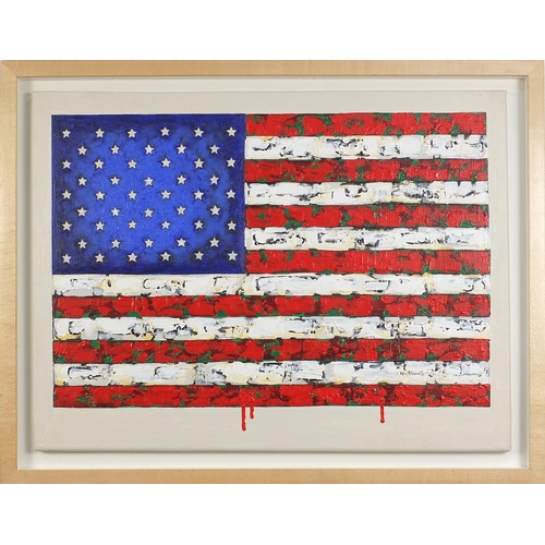 68 - Manner of Jasper Johns - American flag, Old Glory, acrylic and wax on canvas, mounted and framed, 61... 