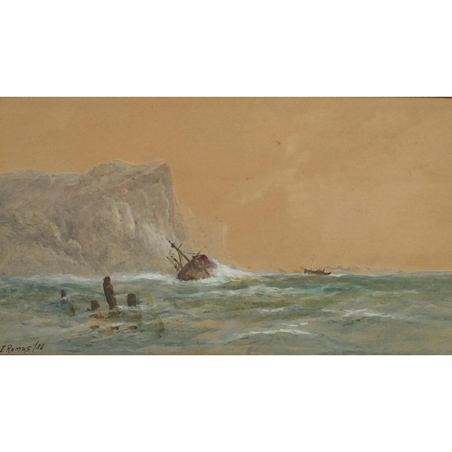 300 - Ferneley Ramus 1899 - Shipwreck off coast with paddle steamer in distance, signed watercolour, mount... 