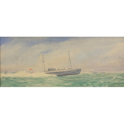 648 - Irwin Bevan - Royal Navy boats in open sea, signed watercolour, framed and glazed, 48cm x 19.5cm exc... 