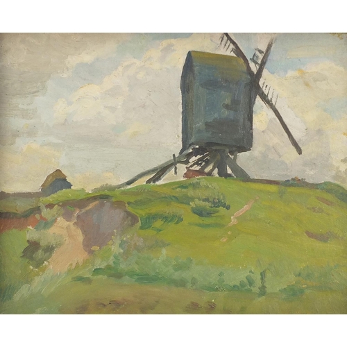 841 - Rushbury Windmill, Impressionist oil on board, framed, 31cm x 25cm excluding the frame