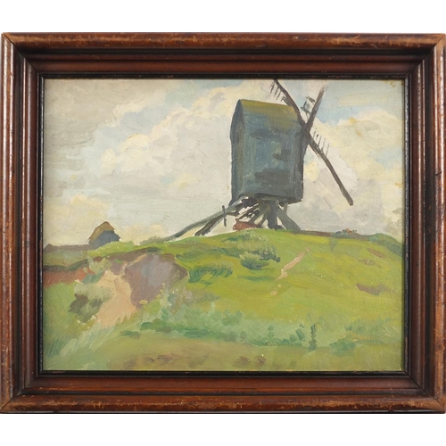 841 - Rushbury Windmill, Impressionist oil on board, framed, 31cm x 25cm excluding the frame