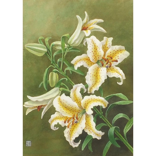 644 - Still life lilies, Chinese school watercolour with character marks, mounted, framed and glazed, 34cm... 