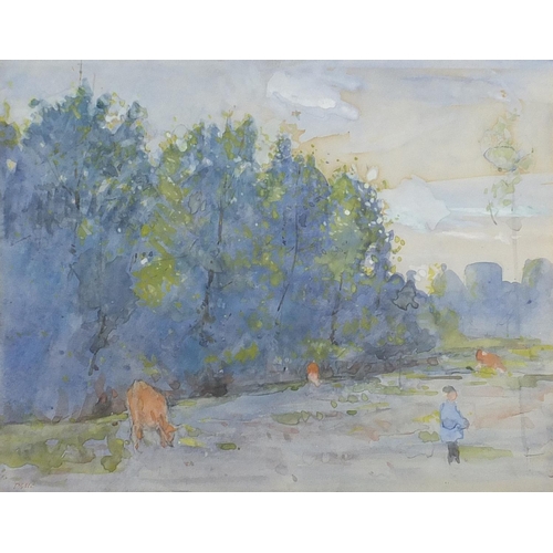 646 - Dugald Sutherland MacColl - Cows grazing, signed watercolour, mounted, framed and glazed, 29cm x 23c... 