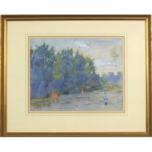 646 - Dugald Sutherland MacColl - Cows grazing, signed watercolour, mounted, framed and glazed, 29cm x 23c... 