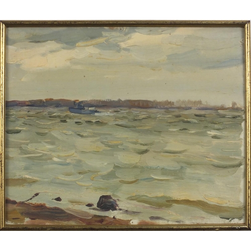 375 - River scene with boat, Russian school oil, inscribed verso, framed and glazed, 40cm x 32.5cm excludi... 