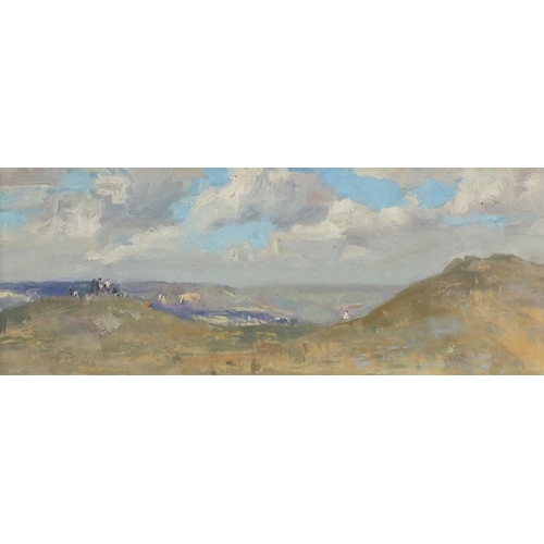 573 - Attributed to Alexei Sokolov - Crimean landscape, oil on board, mounted and framed, 41cm x 15.5cm ex... 