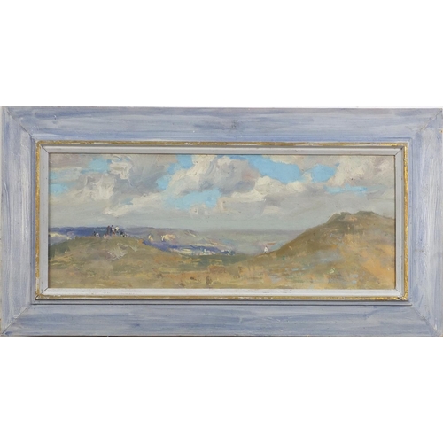 573 - Attributed to Alexei Sokolov - Crimean landscape, oil on board, mounted and framed, 41cm x 15.5cm ex... 