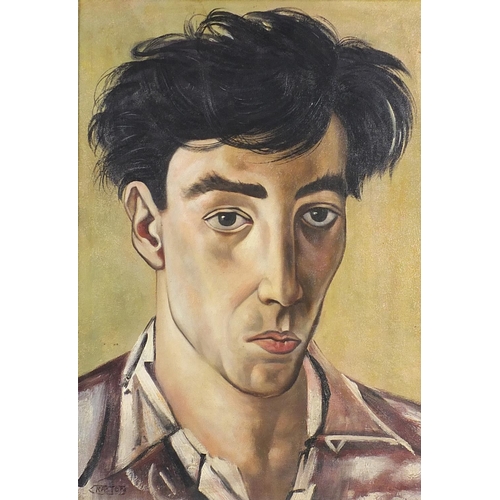 613 - Head and shoulders portrait of a young man, possibly John Minton, oil on canvas board, framed, 53cm ... 