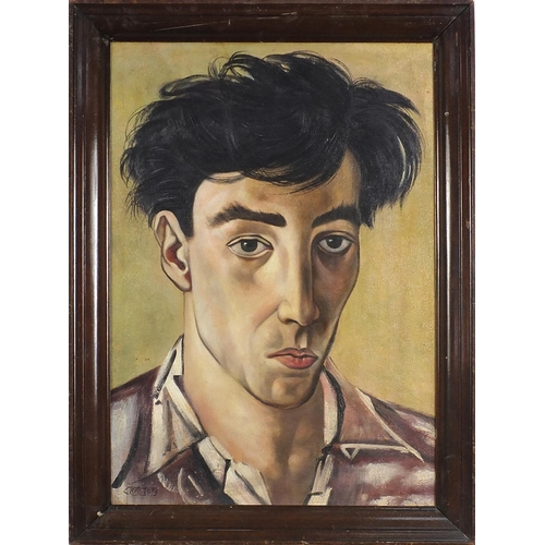 613 - Head and shoulders portrait of a young man, possibly John Minton, oil on canvas board, framed, 53cm ... 