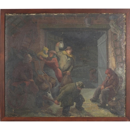 610 - People in a barn sheltering from a storm, oil on canvas, framed, 58.5cm x 49.5cm excluding the frame