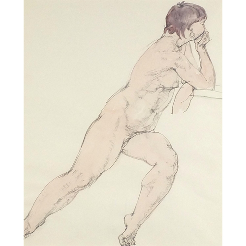 415 - Study of a nude female, pen and ink, mounted, framed and glazed, 44cm x 36cm excluding the mount and... 