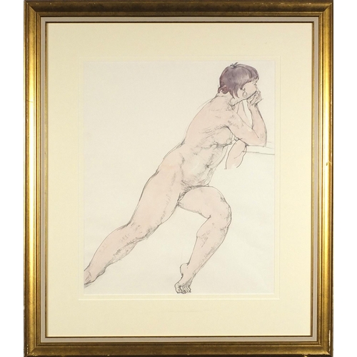 415 - Study of a nude female, pen and ink, mounted, framed and glazed, 44cm x 36cm excluding the mount and... 