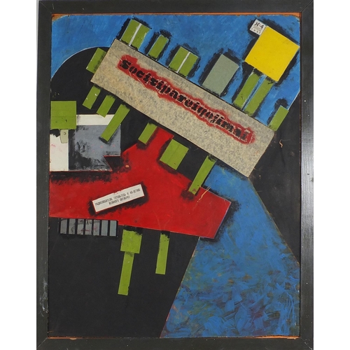 1104 - Abstract composition, Russian school oil and mixed media on board, framed, 78cm x 61cm excluding the... 