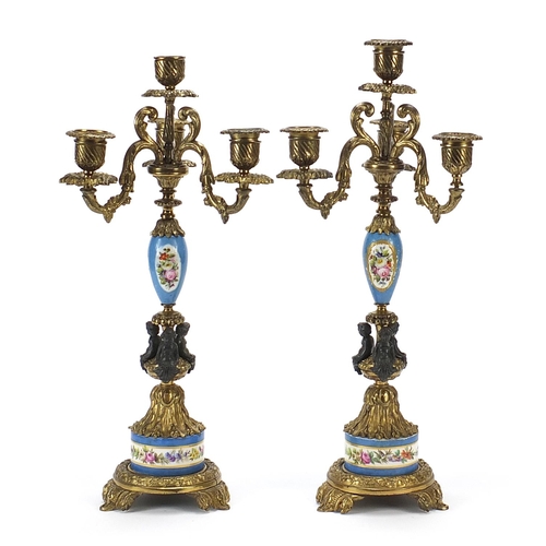 2 - Pair of classical gilt metal and Sevres style four branch candelabras hand painted with flowers, eac... 