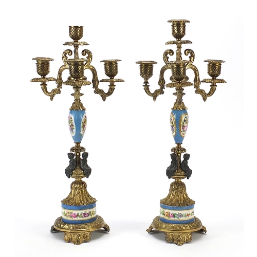 2 - Pair of classical gilt metal and Sevres style four branch candelabras hand painted with flowers, eac... 