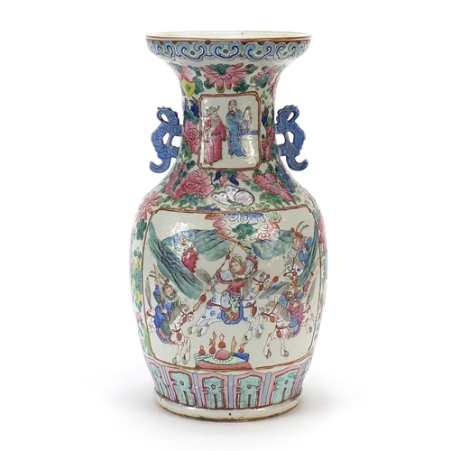 466 - Chinese Canton porcelain vase with twin handles, hand painted in the famille rose palette with warri... 