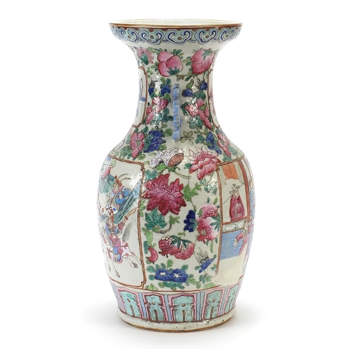 466 - Chinese Canton porcelain vase with twin handles, hand painted in the famille rose palette with warri... 