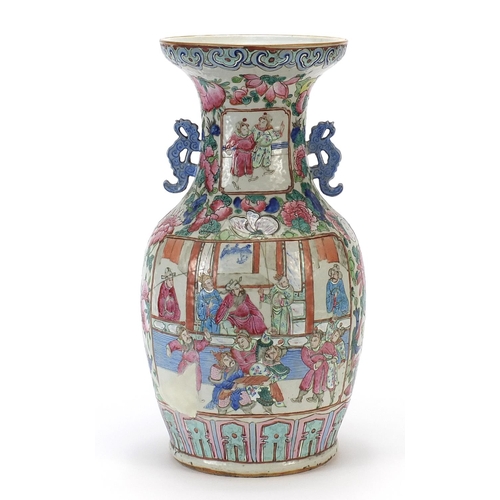 466 - Chinese Canton porcelain vase with twin handles, hand painted in the famille rose palette with warri... 