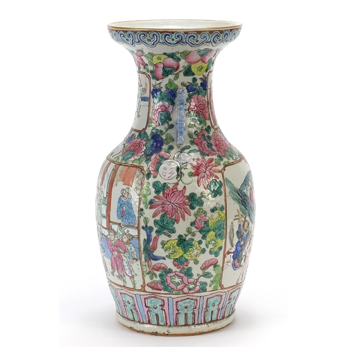 466 - Chinese Canton porcelain vase with twin handles, hand painted in the famille rose palette with warri... 