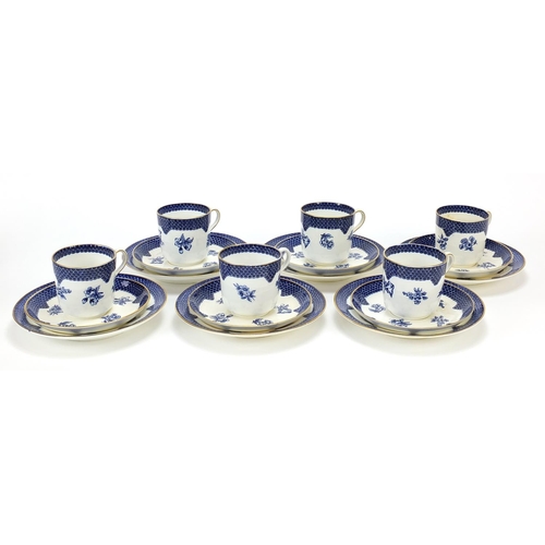 895 - Set of six Coalport blue and white trios decorated with flowers, each cup 6.5cm high