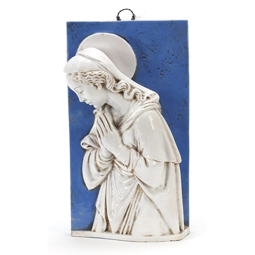 515 - Italian porcelain plaque of Madonna in the manner of Luca della Robbia, 41cm x 23cm