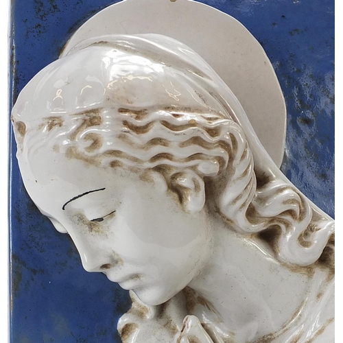 515 - Italian porcelain plaque of Madonna in the manner of Luca della Robbia, 41cm x 23cm