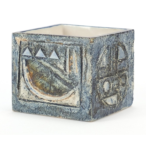 40 - Troika St Ives Pottery cube vase hand painted and incised with an abstract design, 8cm high x 9cm sq... 