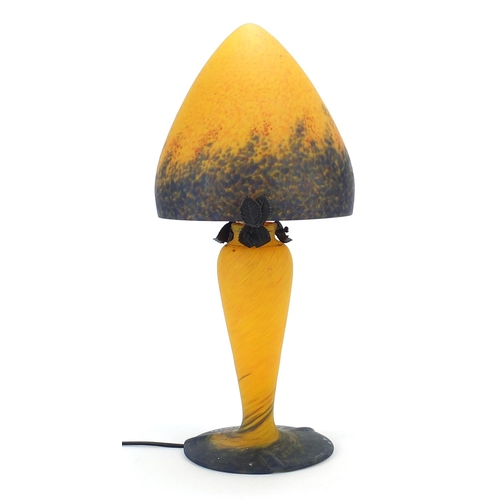 51 - French mottled orange art glass mushroom table lamp with shade, 45.5cm high
