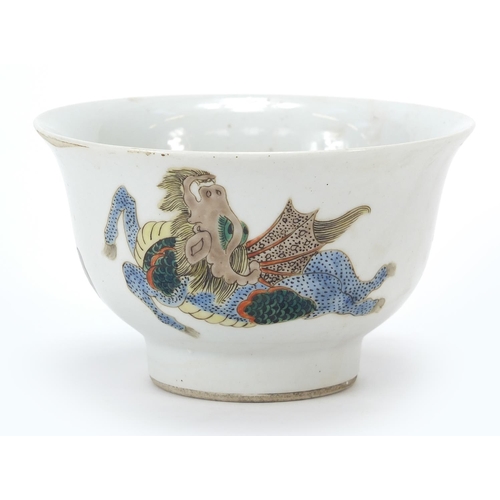 104 - Chinese porcelain footed bowl hand painted in the famille verte palette with three mythical animals,... 