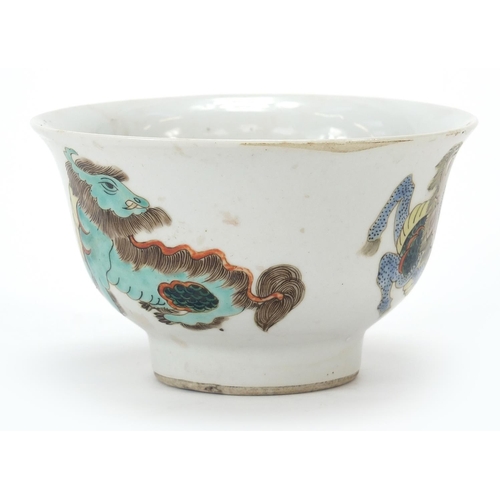 104 - Chinese porcelain footed bowl hand painted in the famille verte palette with three mythical animals,... 