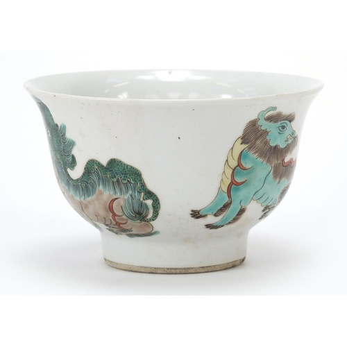 104 - Chinese porcelain footed bowl hand painted in the famille verte palette with three mythical animals,... 