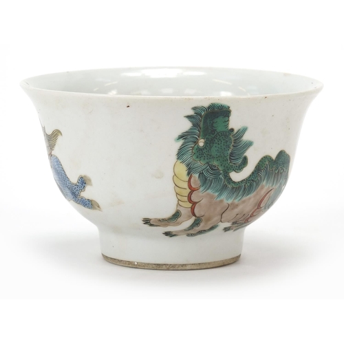 104 - Chinese porcelain footed bowl hand painted in the famille verte palette with three mythical animals,... 