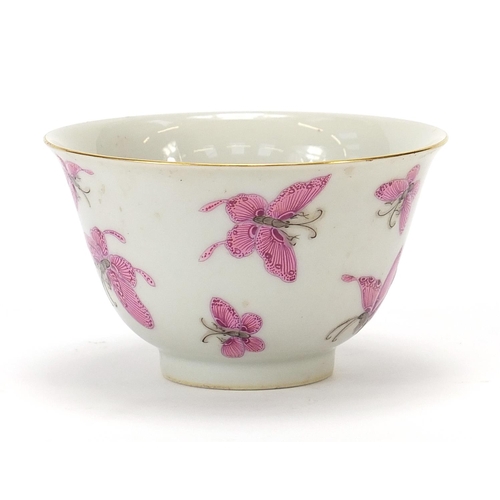 8 - Good Chinese porcelain bowl finely hand painted  in pink with butterflies, six figure character mark... 